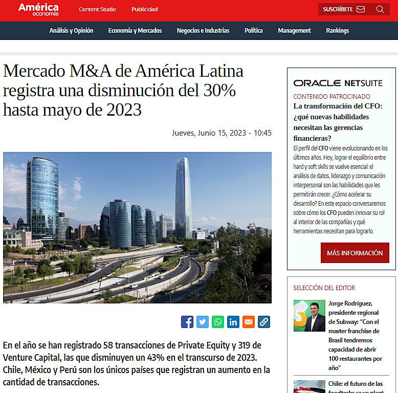 Mercado M&A de Amrica Latina registra una disminucin del 30% hasta mayo de 2023